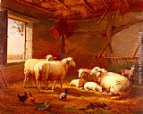 Eugene Verboeckhoven Wall Art - Sheep With Chickens And A Goat In A Barn
